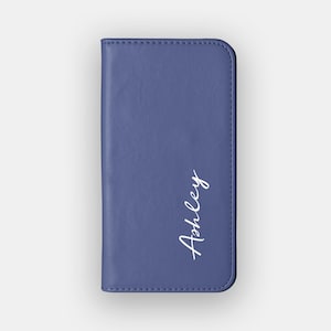 Marineblau abstrakte Geldbörse Hülle | Einfarbiges Veganes Leder-Folio | Passend für iPhone 16, 15, 14, 13, Samsung Galaxy S25, S24, S23, S22