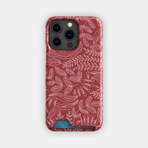 Kaarthouderetui met delicate rode bloemen | Flower Line-kaarthoesje | Geschikt voor iPhone 16, 15 Pro Max, 14, 13, Samsung Galaxy S22, S21 Plus