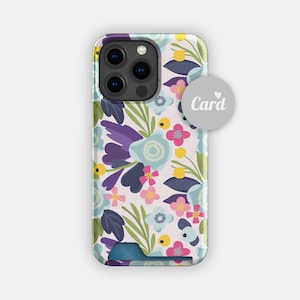 Blazing Buds bloemen kaarthouder | Smalle hoes met kleurrijke bloemen | Geschikt voor iPhone 16, 15 Pro Max, 14, 13, Samsung Galaxy S22, S21 Plus