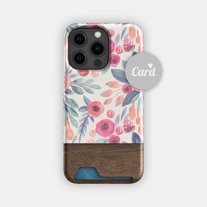 Kaarthouderhoesje met herfstbloesem bloemen | Kaarthoesje met aquarelbloem | Geschikt voor iPhone 16, 15 Pro Max, 14, 13, Samsung Galaxy S22, S21 Plus