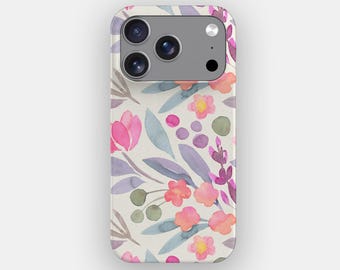May include: A smartphone case featuring a watercolor pattern of pink, coral, and purple flowers with muted blue-grey leaves and small green berries on a cream background. The case has a rectangular camera cutout with three circular lenses.