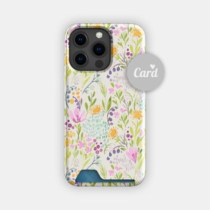 Bunte Wiese Floral Kartenhalter | Pastell Blumen Kartenetui | Passend für iPhone 16, 15 Pro Max, 14, 13, Samsung Galaxy S22, S21 Plus