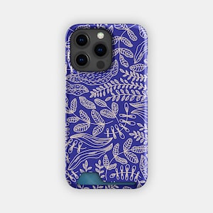Zart Blau Floral Kartenhalter | Blumen Linie Kartenetui | Passend für iPhone 16, 15 Pro Max, 14, 13, Samsung Galaxy S22, S21 Plus