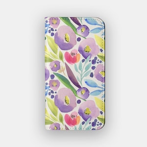 Funda tipo cartera con diseño floral violeta intenso / Funda tipo libro con diseño de flores de acuarela / Compatible con iPhone 16, 15, 14, 13 y Samsung Galaxy S25, S24, S23 y S22