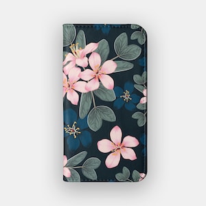 Funda tipo cartera con diseño floral rosa disperso / Funda tipo libro de piel sintética con flores / Compatible con iPhone 16, 15, 14, 13 y Samsung Galaxy S25, S24, S23 y S22