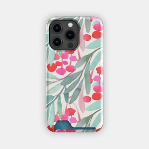 Zweig Beeren Floral Kartenhalter | Aquarell Blumen Kartenetui | Passend für iPhone 16, 15 Pro Max, 14, 13, Samsung Galaxy S22, S21 Plus