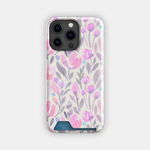 Estuche para tarjetas con diseño floral de tallos violetas / Estuche para tarjetas con acuarela floral / Compatible con iPhone 16, 15 Pro Max, 14, 13, Samsung Galaxy S22, S21 Plus