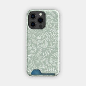Kaarthouderetui met delicate groene bloemen | Smalle Flower Line-hoes | Geschikt voor iPhone 16, 15 Pro Max, 14, 13, Samsung Galaxy S22, S21 Plus