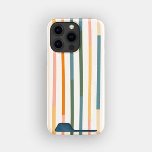 Pode incluir: Uma capa de smartphone com fundo creme e riscas verticais em tons de laranja, rosa, azul-petróleo e amarelo. A capa tem um recorte preto para a câmara no topo e uma ranhura horizontal azul-escura na extremidade inferior.