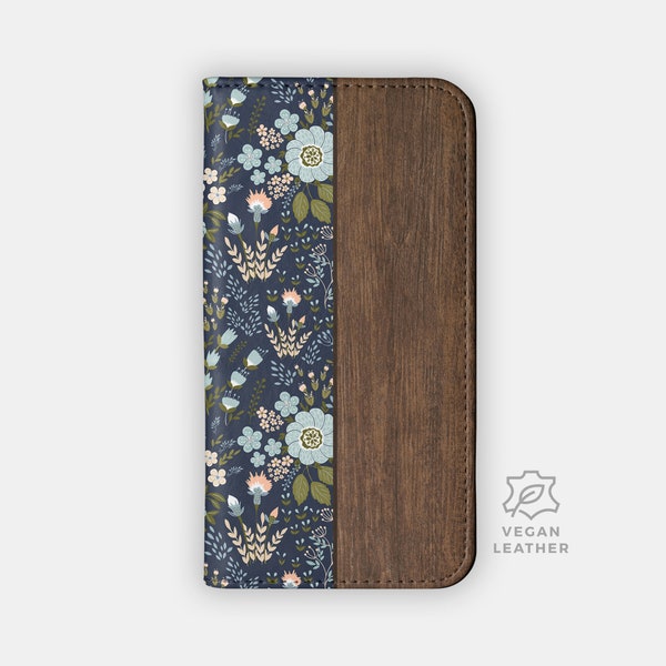 NAVY SCATTERING Wallet Case - Dark Floral and Wood Design for your Samsung S24 S23 S22 S21, iPhone 15 14 13 12 - Botanical Folio Case