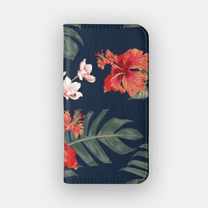 Capa tipo carteira com estampa floral de hibisco vermelho | Capa tipo carteira de couro vegano com estampa floral vermelha | Compatível com iPhone 16, 15, 14, 13, Samsung Galaxy S25, S24, S23, S22