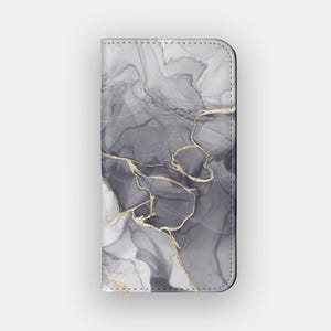 Funda tipo cartera con estilo de mármol gris / Tarjetero con diseño de mármol gris / Compatible con iPhone 16, 15, 14, 13 y Samsung Galaxy S25, S24, S23 y S22