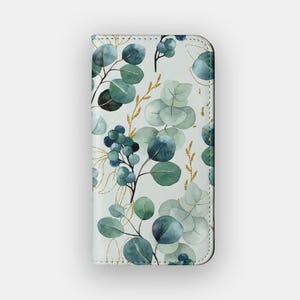 Capa tipo carteira com estampa floral de folhas de eucalipto | Capa protetora tipo carteira com estampa de flores verdes | Compatível com iPhone 16, 15, 14, 13, Samsung Galaxy S25, S24, S23, S22