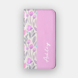 Estuche tipo cartera con diseño floral de tallos violetas / Estuche para guardar tarjetas con flores de acuarela / Compatible con iPhone 16, 15, 14, 13 y Samsung Galaxy S25, S24, S23 y S22