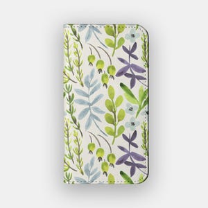 Funda tipo cartera con diseño floral de plantas trepadoras / Funda de piel vegana con diseño de flores de acuarela / Compatible con iPhone 16, 15, 14 y 13, y Samsung Galaxy S25, S24, S23 y S22