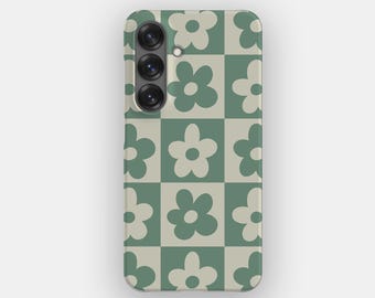 May include: A rectangular smartphone case featuring a repeating checkerboard pattern of sage green and off-white squares. Each square contains a simple, five-petaled flower shape in the contrasting colour. The case has a vertical camera cutout.