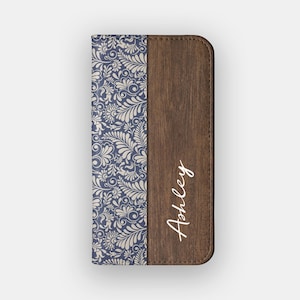 Funda tipo cartera con diseño floral entrelazado / Tarjetero de damasco / Compatible con iPhone 16, 15, 14, 13 y Samsung Galaxy S25, S24, S23 y S22
