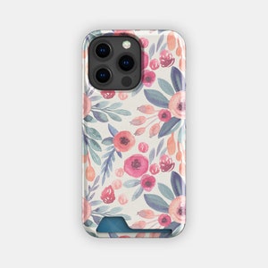 Kaarthouderhoesje met herfstbloesem bloemen | Smalle hoes met bloem en aquarel | Geschikt voor iPhone 16, 15 Pro Max, 14, 13, Samsung Galaxy S22, S21 Plus