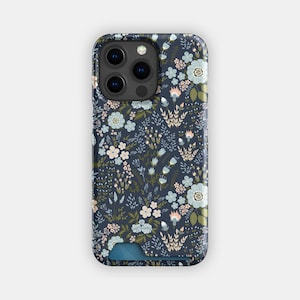 Capa porta-cartões com estampa floral azul marinho | Capa fina com estampa floral estética | Compatível com iPhone 16, 15 Pro Max, 14, 13, Samsung Galaxy S22, S21 Plus