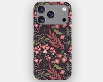 May include: A smartphone case featuring a dark purple background with a repeating pattern of stylised flowers and leaves in shades of pink, coral, and muted green. The case has a rectangular cutout at the top for a triple-lens camera system.