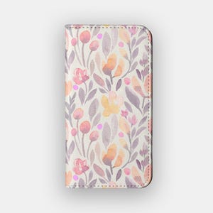 Mauve Meadow Floral Wallet Case | Soft Watercolour Vegan Leather Folio | Fits iPhone 16, 15, 14, 13, Samsung Galaxy S25, S24, S23, S22