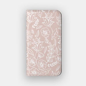Estuche tipo cartera con diseño floral de tallos ruborizados / Estuche para guardar tarjetas con diseño floral / Compatible con iPhone 16, 15, 14, 13 y Samsung Galaxy S25, S24, S23 y S22