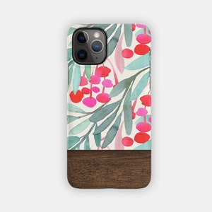 RED BERRIES iPhone Case - Red Florals and Wood Design for your Apple iPhone 15 14 13 12 11 - Botanical Durable iPhone Case