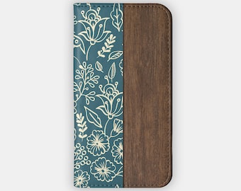 TEAL STEMS Wallet Case - Floral and Wood Design for your Samsung S24 S23 S22 S21, iPhone 15 14 13 12 - Elegant Folio Case