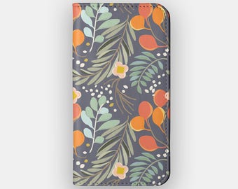 Capa carteira para celular com estampa floral botânica "Floresta Espalhada" para iPhone 17, 16, 15 e Samsung S26.