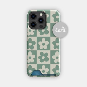 Custodia porta carte astratta con petali verdi / Custodia porta carte floreale audace / Compatibile con iPhone 16, 15 Pro Max, 14, 13, Samsung Galaxy S22, S21 Plus
