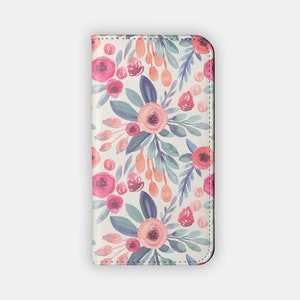 AUTUMN BLOSSOM Wallet Case - Pastel Pink Floral Design for your iPhone 15 14 13 12, Galaxy S24 S23 S22 S21 S20 - Botanical Folio Case