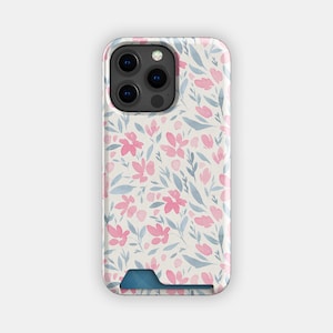 Kaarthouderhoesje met roze bloemen | Smalle hoes met bloem en aquarel | Geschikt voor iPhone 16, 15 Pro Max, 14, 13, Samsung Galaxy S22, S21 Plus