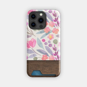 Kaarthouderhoesje met gekleurde zaden bloemen | Smalle hoes met pastelkleurige bloemen | Geschikt voor iPhone 16, 15 Pro Max, 14, 13, Samsung Galaxy S22, S21 Plus