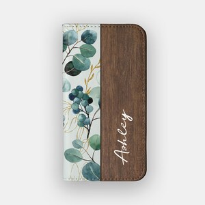 Funda tipo cartera con diseño floral de hojas de eucalipto / Funda tipo libro de piel sintética con diseño de acuarela floral / Compatible con iPhone 16, 15, 14 y 13, y Samsung Galaxy S25, S24, S23 y S22