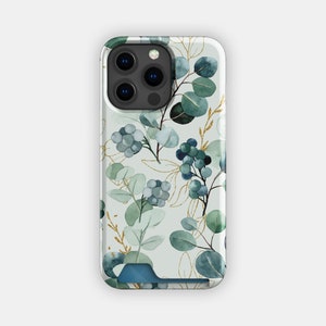 Kaarthouderetui met bloemen van eucalyptusbladeren | Kaarthoesje met groene bloem | Geschikt voor iPhone 16, 15 Pro Max, 14, 13, Samsung Galaxy S22, S21 Plus