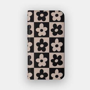 Funda tipo cartera abstracta con pétalos negros / Funda protectora con diseño floral llamativo / Compatible con iPhone 16, 15, 14 y 13, y Samsung Galaxy S25, S24, S23 y S22