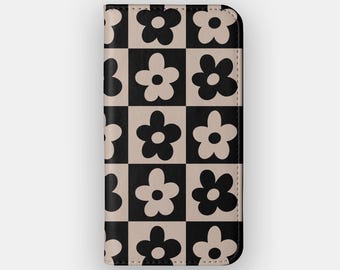 Black Petals Abstract Floral Wallet Case for iPhone 18, 17, 16, Samsung S26, S25