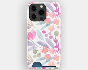 Colored Seeds Card Holder Phone Case, For iPhone 17, 16, 15, Floral Pink Design