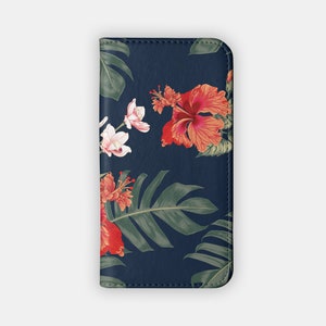 RED HIBISCUS Wallet Phone Case | For Galaxy S23, Galaxy S22, Galaxy S21, S10, iPhone 15, iPhone 14, 13, 12, 11 | Floral Flip Case