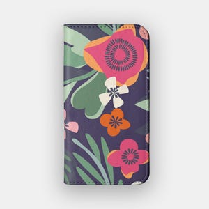 Funda tipo cartera Brave Bud Floral / Funda tipo libro de piel sintética con flores llamativas / Compatible con iPhone 16, 15, 14, 13 y Samsung Galaxy S25, S24, S23 y S22