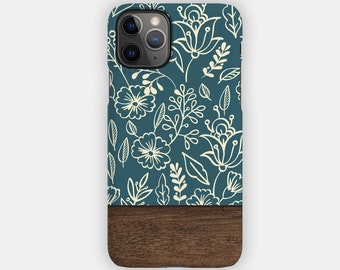 TEAL STEMS iPhone Case - Floral and Wood Design for your Apple iPhone 15 14 13 12 11 - Elegant Tough iPhone Case
