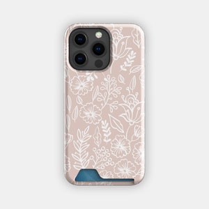Blushing Stems Floral Card Holder Case | Flower Line Card Case | Fits iPhone 16, 15 Pro Max, 14, 13, Samsung Galaxy S22, S21 Plus