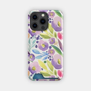 Estuche para tarjetas con diseño floral violeta intenso / Estuche para tarjetas con diseño de flores de acuarela / Compatible con iPhone 16, 15 Pro Max, 14, 13, Samsung Galaxy S22, S21 Plus