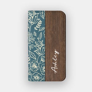 Funda tipo cartera con diseño floral de tallos verde azulado / Funda tipo libro de piel vegana con flores verdes / Compatible con iPhone 16, 15, 14, 13 y Samsung Galaxy S25, S24, S23 y S22