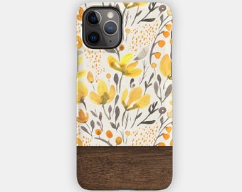 YELLOW MEADOWS iPhone Case - Pastel Floral and Wood Design for your Apple iPhone 15 14 13 12 11 - Floral Durable iPhone Case