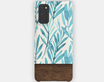 Coque de portable EMERAUDE FEUILLES - Fleurs bleues et design en bois pour Samsung Galaxy S24 S23 S22 S21 - Coque de portable résistante aux fleurs