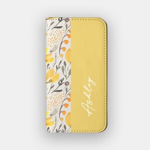 Blonde Knospen Floral Geldbörse Hülle | Blumen Wasserfarbe Vegan Leder Folio | Passend für iPhone 16, 15, 14, 13, Samsung Galaxy S25, S24, S23, S22