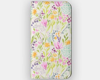 Capa carteira para celular com estampa floral aquarelada de prado colorido para iPhone 17, 16, 15 e Samsung S26.