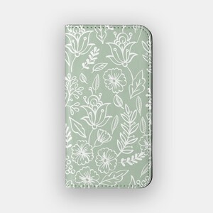Funda tipo cartera con diseño floral de tallos de salvia / Funda tipo libro de piel vegana con flores verdes / Compatible con iPhone 16, 15, 14 y 13, y Samsung Galaxy S25, S24, S23 y S22