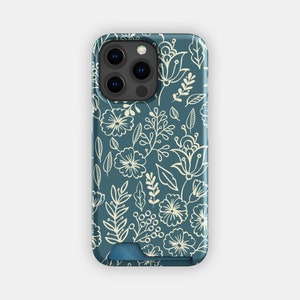Kaarthouderetui met bloemenblauwe stengels | Flower Line-kaarthoesje | Geschikt voor iPhone 16, 15 Pro Max, 14, 13, Samsung Galaxy S22, S21 Plus